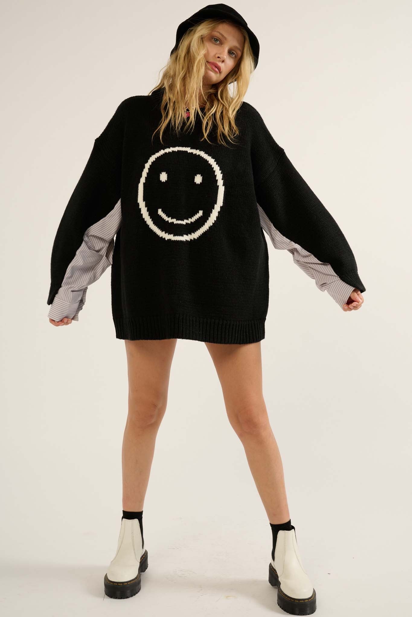 Get Happy Smiley Face Mixed Media Sweater - ShopPromesa