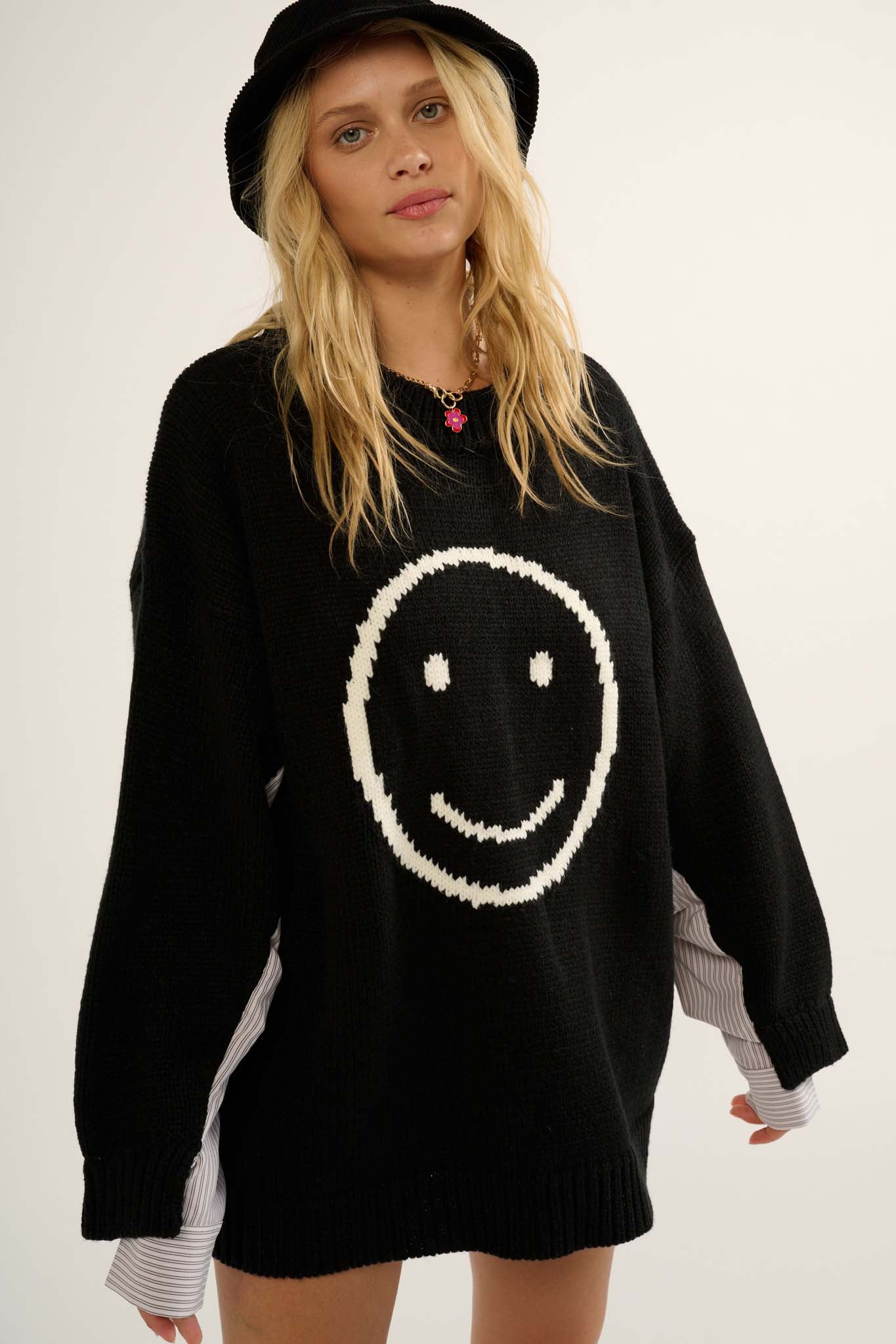 Get Happy Smiley Face Mixed Media Sweater - ShopPromesa