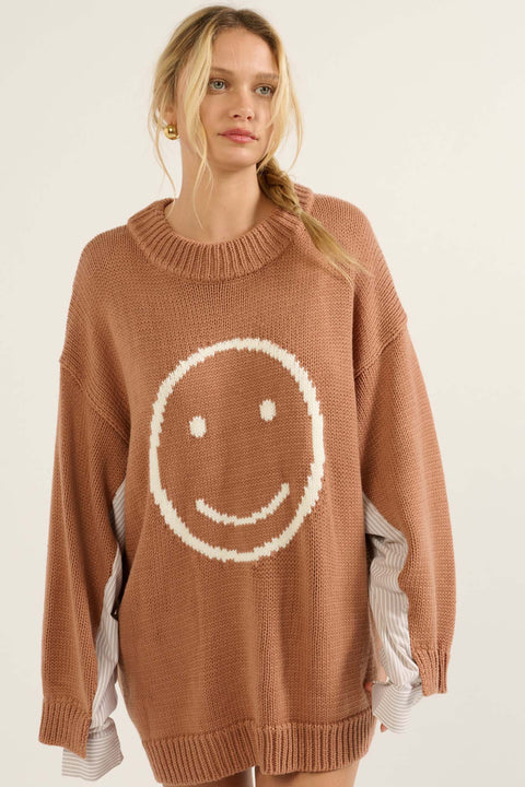 Get Happy Smiley Face Mixed Media Sweater - ShopPromesa
