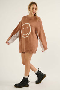 Get Happy Smiley Face Mixed Media Sweater - ShopPromesa