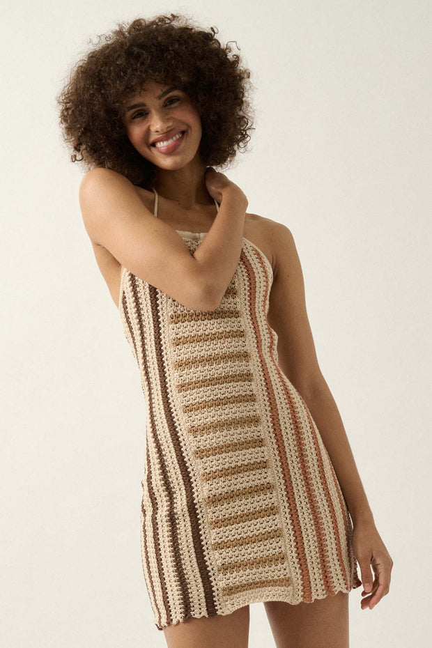 Surf's Up Striped Crochet Knit Halter Sweater Dress - ShopPromesa