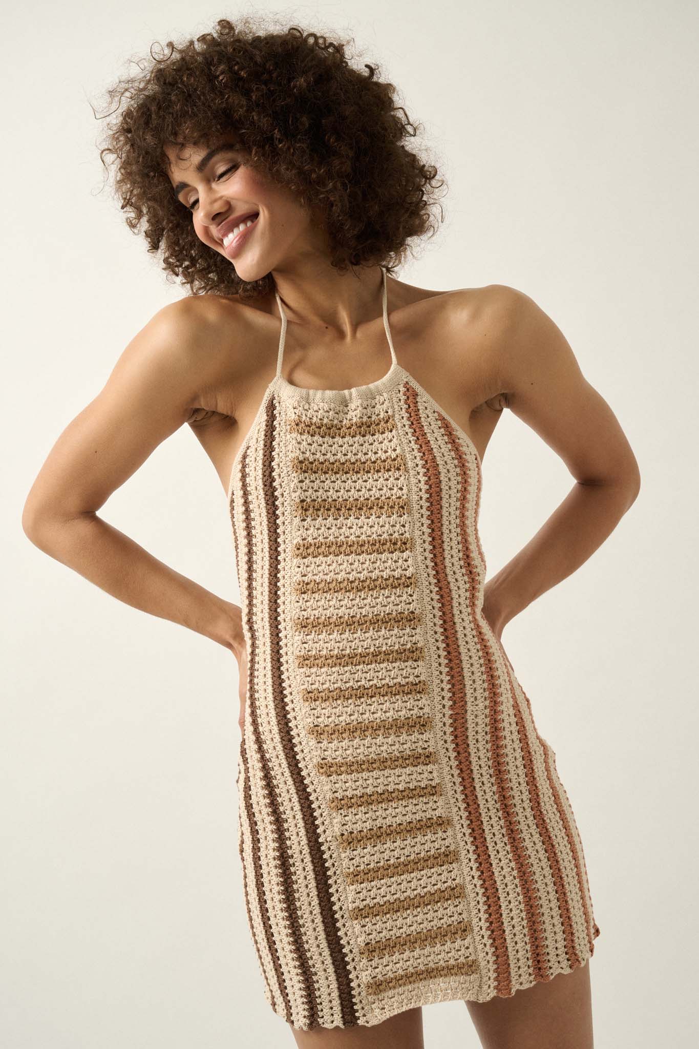 Surf's Up Striped Crochet Knit Halter Sweater Dress - ShopPromesa