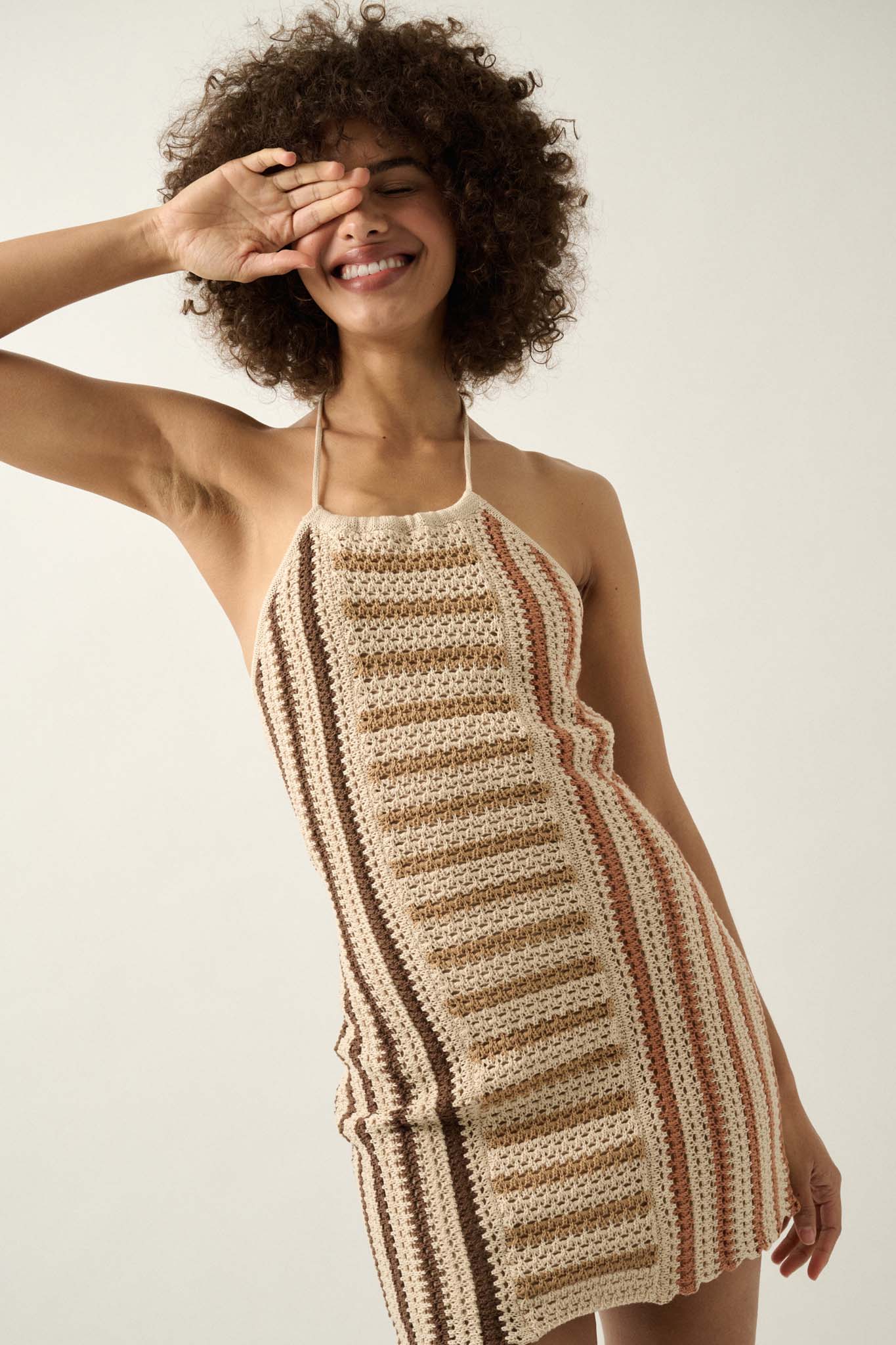 Surf's Up Striped Crochet Knit Halter Sweater Dress - ShopPromesa