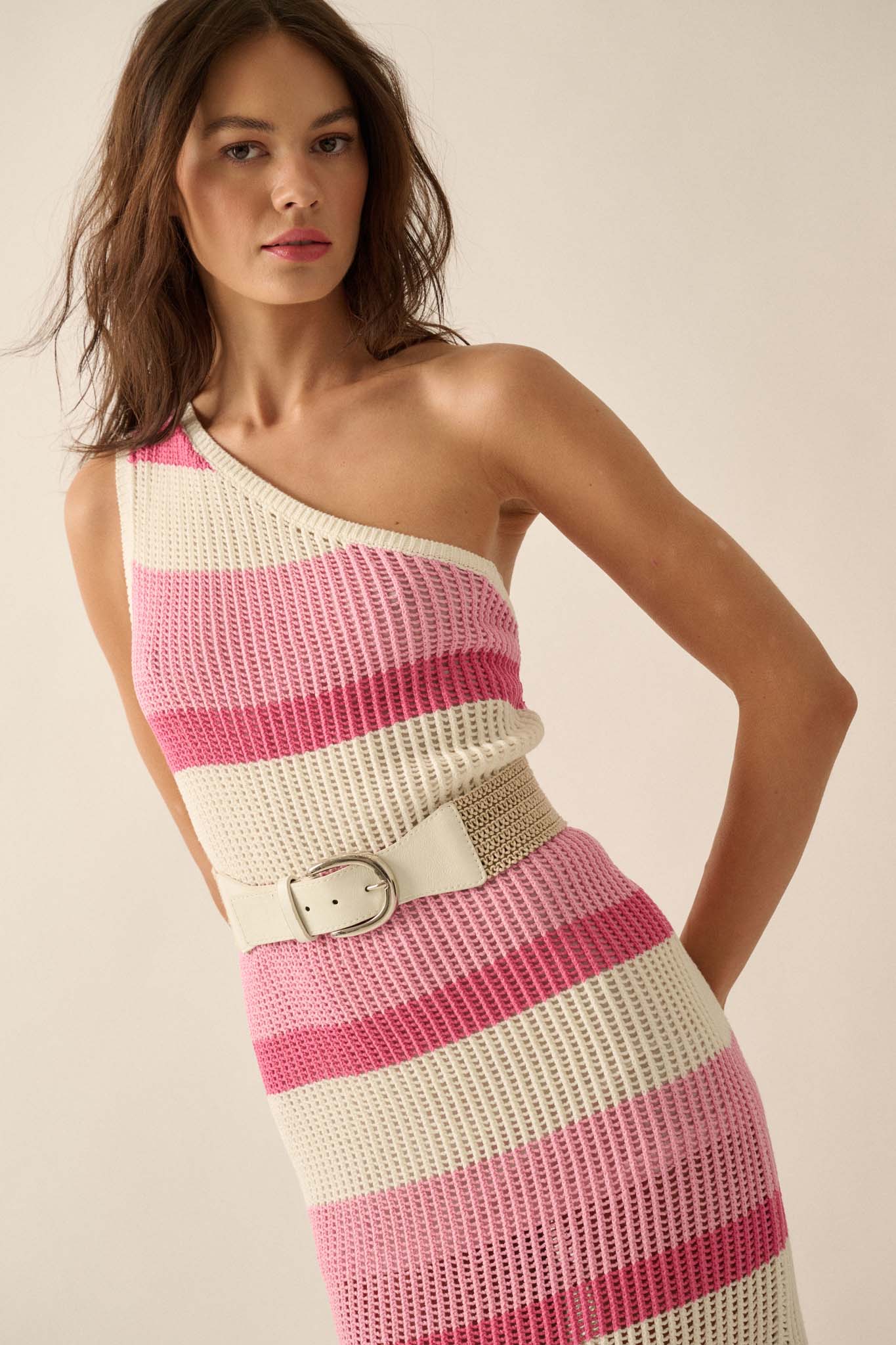 Crochet Bae Striped Knit Asymmetrical Midi Dress - ShopPromesa