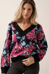 Roses and Thorns Floral V-Neck Sweater - ShopPromesa