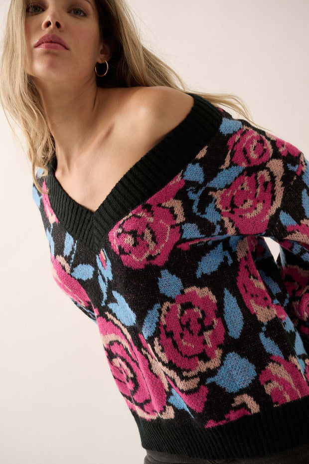 Roses and Thorns Floral V-Neck Sweater - ShopPromesa