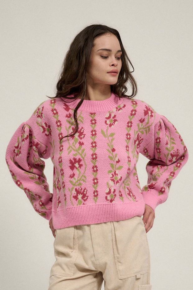 Blooming Vines Floral Knit Balloon-Sleeve Sweater - ShopPromesa