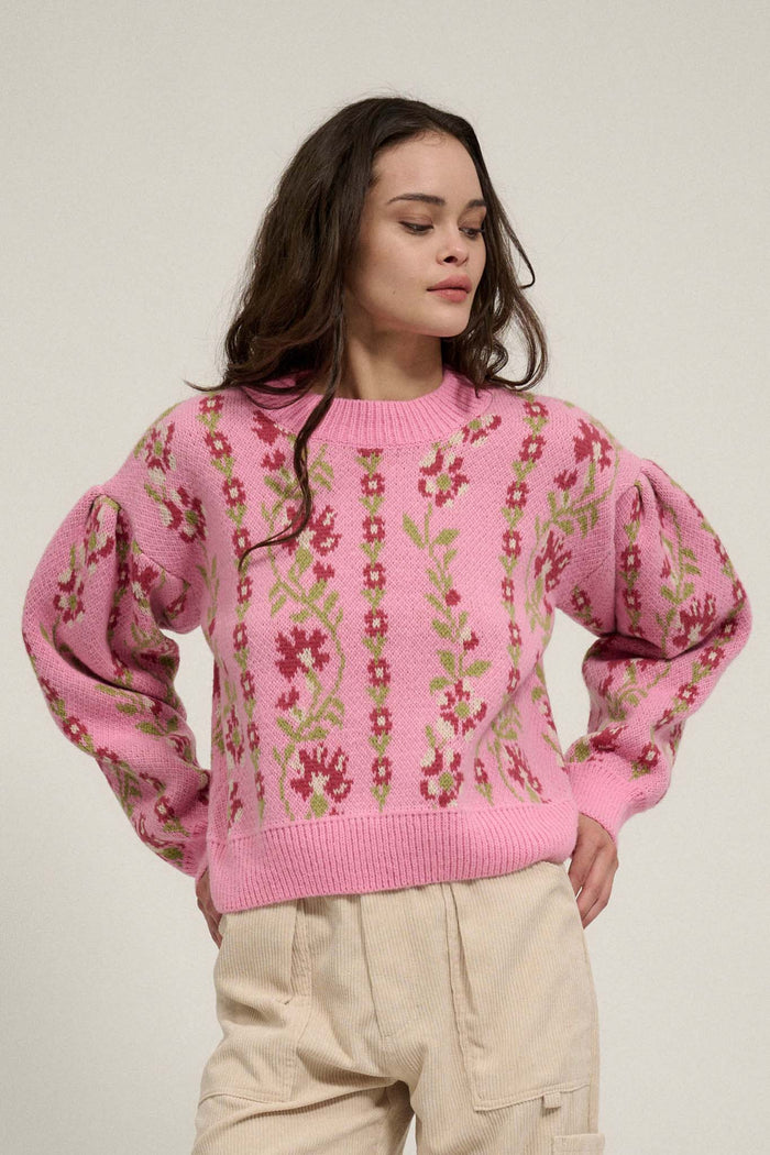 Blooming Vines Floral Knit Balloon-Sleeve Sweater - ShopPromesa