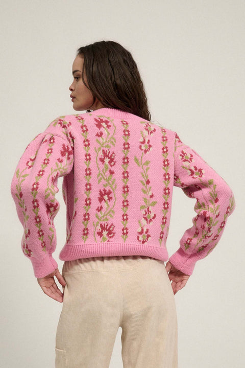 Blooming Vines Floral Knit Balloon-Sleeve Sweater - ShopPromesa