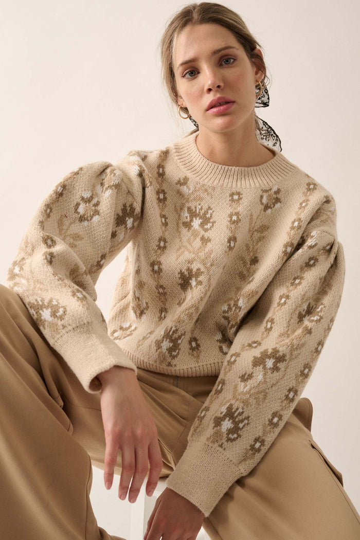 Blooming Vines Floral Knit Balloon-Sleeve Sweater - ShopPromesa