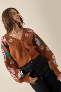 Winter Roses Floral Knit Cropped Cardigan Sweater - ShopPromesa