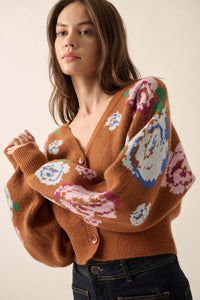 Winter Roses Floral Knit Cropped Cardigan Sweater - ShopPromesa