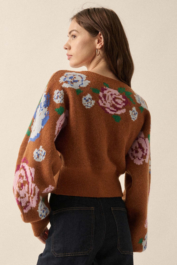 Winter Roses Floral Knit Cropped Cardigan Sweater - ShopPromesa