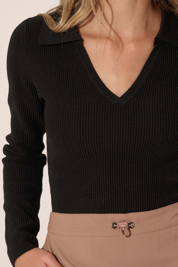 Shaper Fit Collared Long-Sleeve Rib-Knit Top - ShopPromesa