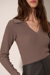 Shaper Fit Collared Long-Sleeve Rib-Knit Top - ShopPromesa