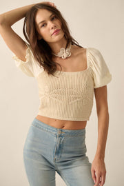 Daisy Days Floral Crochet Cropped Puff-Sleeve Top - ShopPromesa