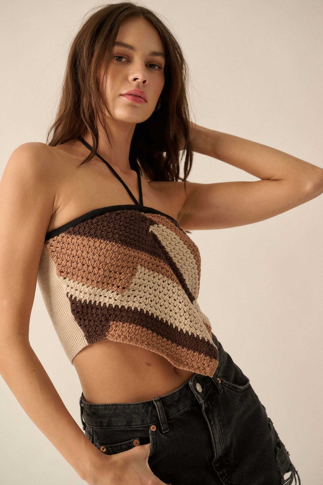 Deep Desert Striped Crochet Handkerchief Halter Top - ShopPromesa