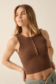 Shaper Fit Cropped Rib-Knit Sleeveless Henley Top - ShopPromesa