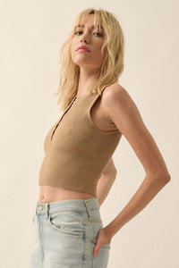 Shaper Fit Cropped Rib-Knit Sleeveless Henley Top - ShopPromesa