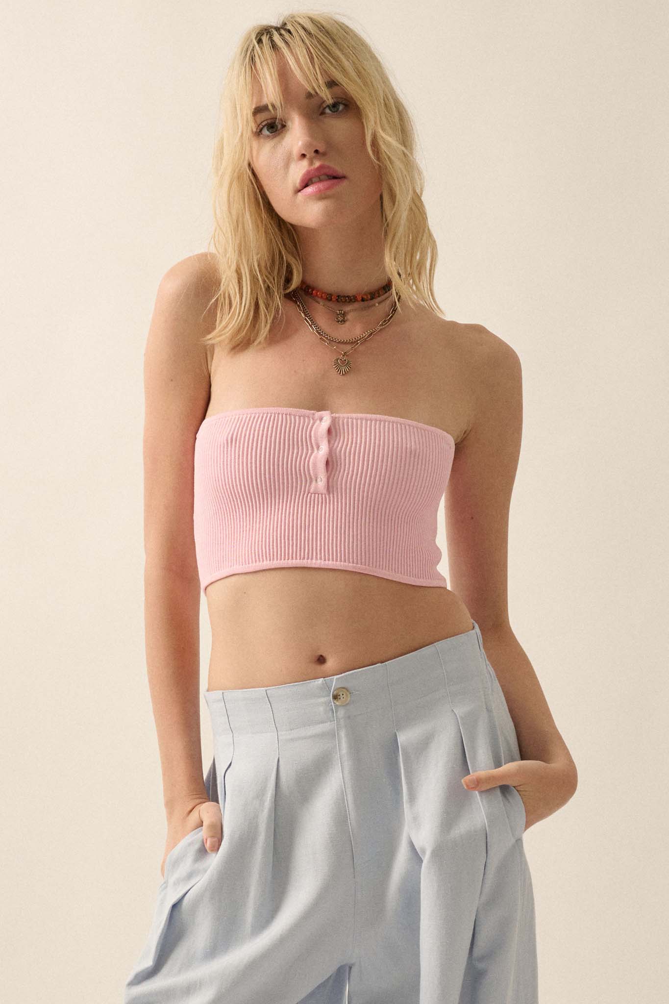 Shaper Fit Rib-Knit Button-Front Tube Top - ShopPromesa