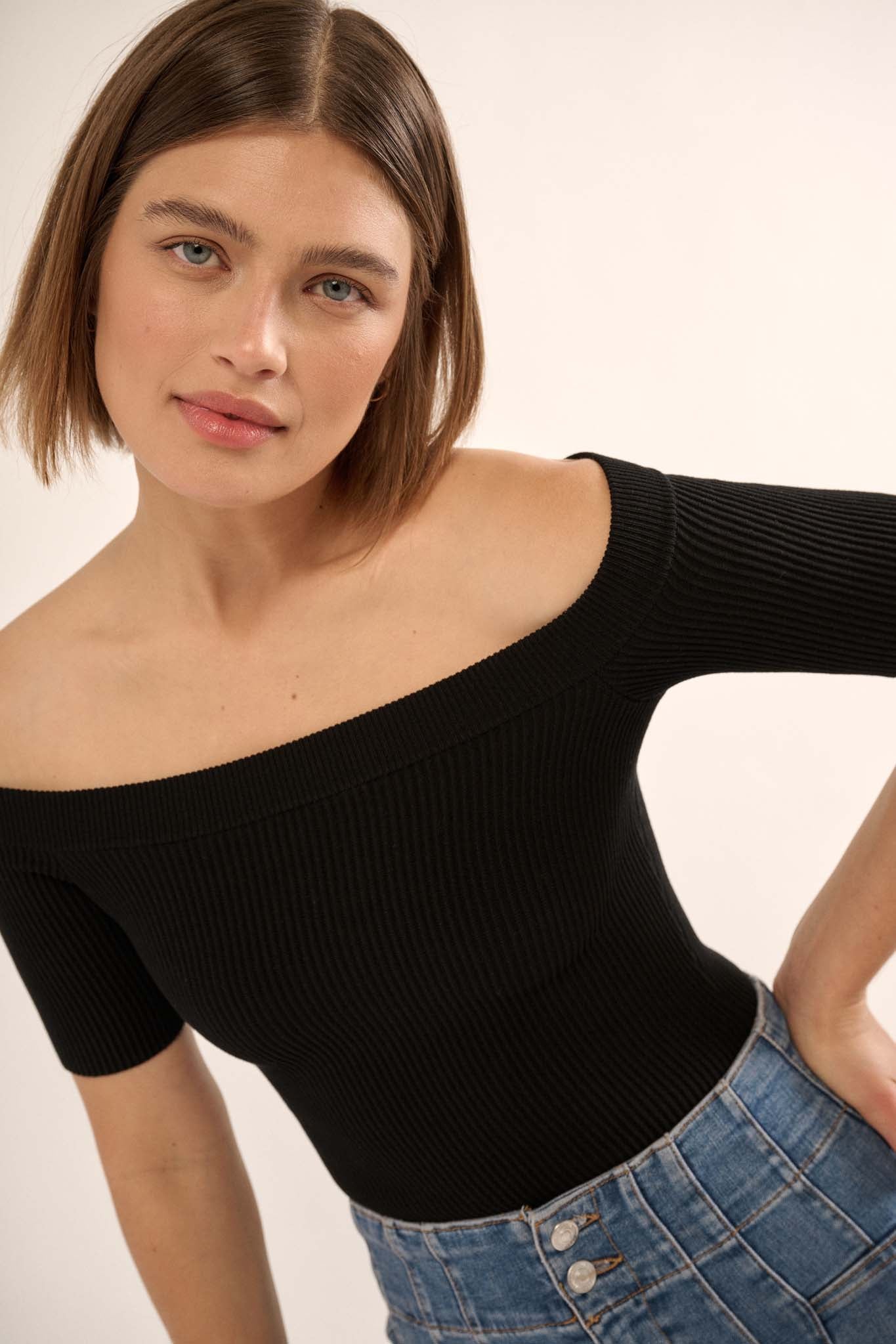 Shaper Fit Off-Shoulder Rib-Knit Bodysuit - ShopPromesa