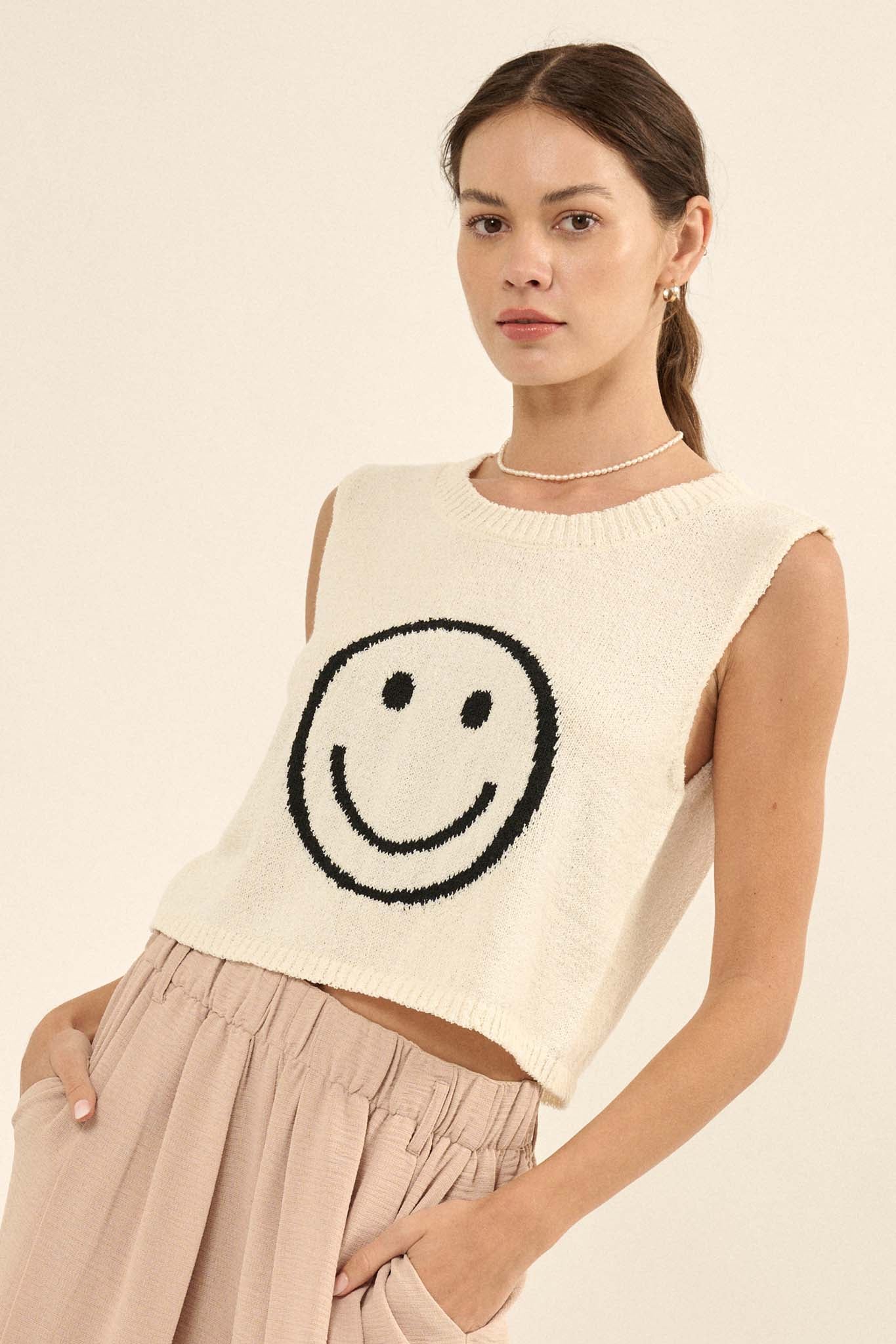 Happy Soul Cropped Smiley Face Sweater Tank Top - ShopPromesa