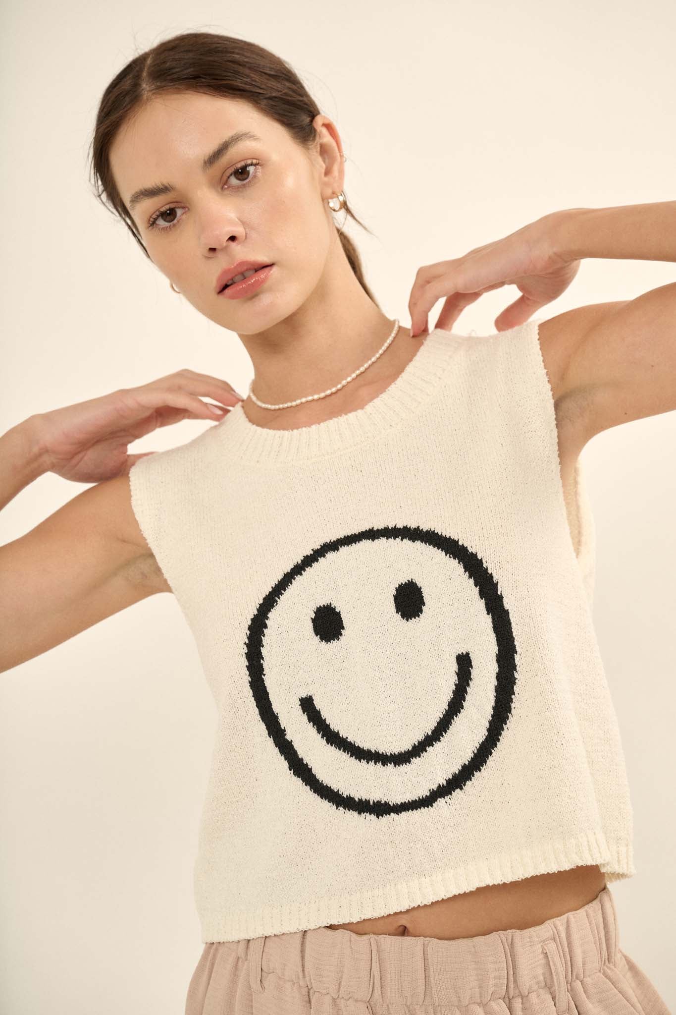 Happy Soul Cropped Smiley Face Sweater Tank Top - ShopPromesa