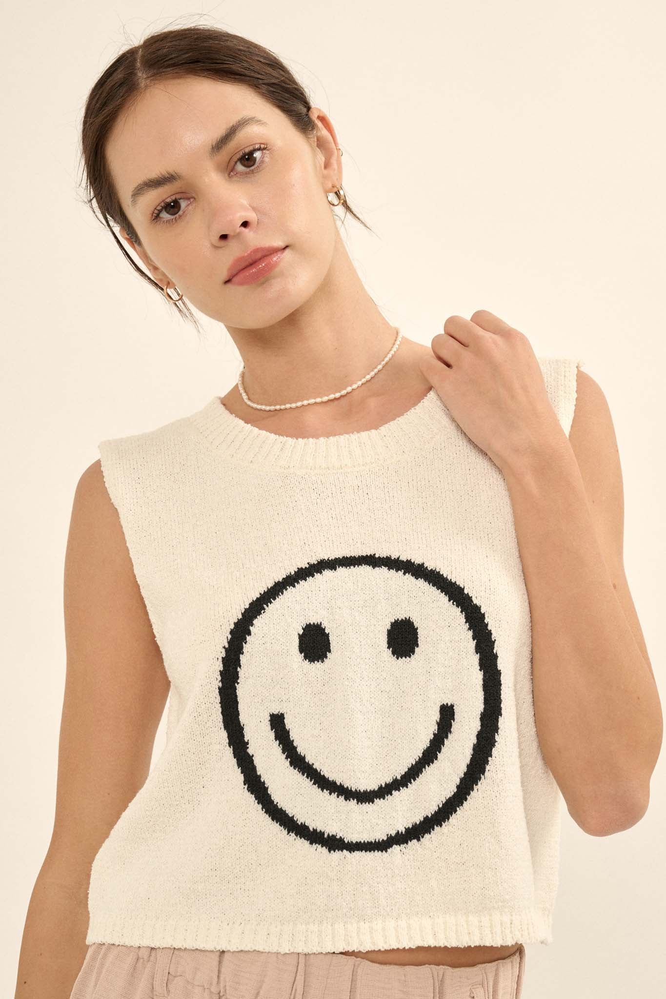 Happy Soul Cropped Smiley Face Sweater Tank Top - ShopPromesa