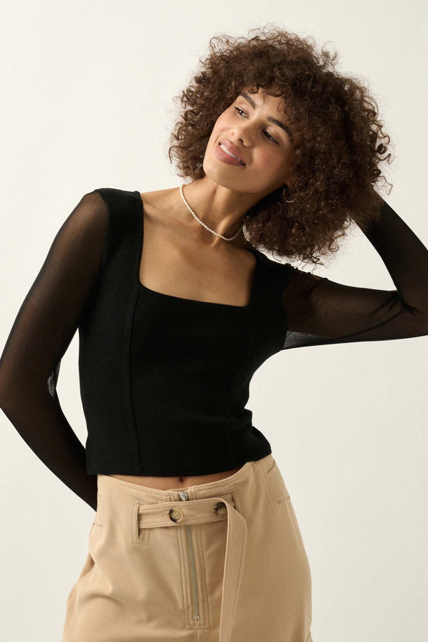 Lifted Fit Square Neck Mesh-Sleeve Crop Top - ShopPromesa