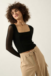 Lifted Fit Square Neck Mesh-Sleeve Crop Top - ShopPromesa