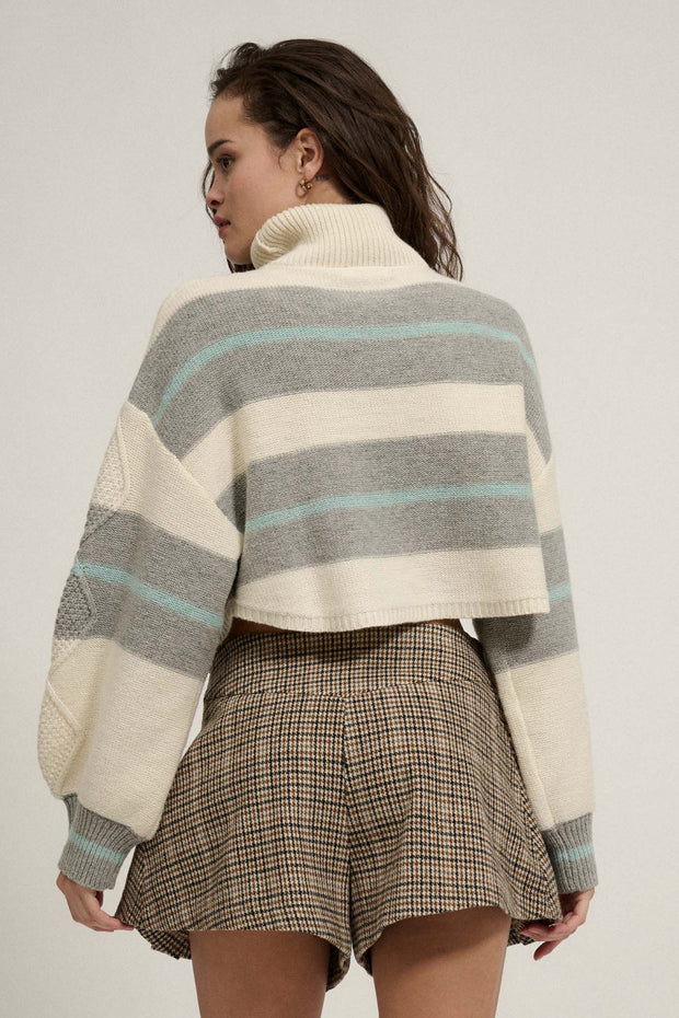 Twist Ending Striped Cable Knit Turtleneck Sweater - ShopPromesa