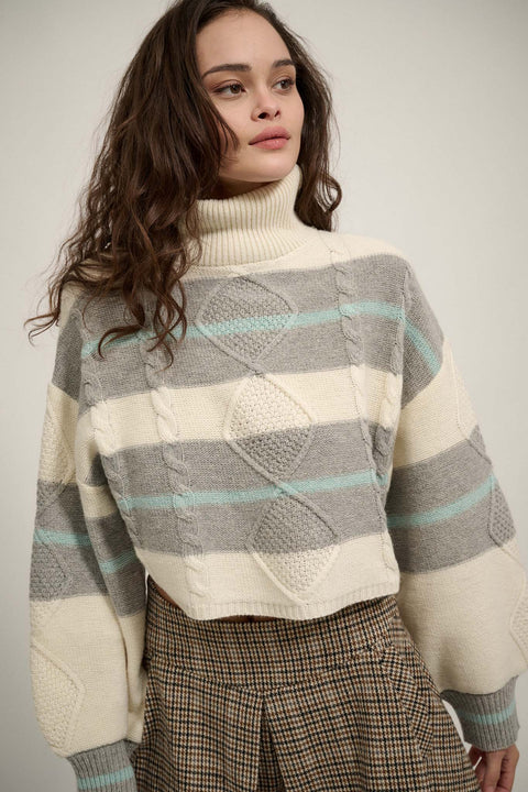 Twist Ending Striped Cable Knit Turtleneck Sweater - ShopPromesa