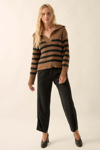 Breton Beach Striped Rib-Knit Collared Sweater - ShopPromesa