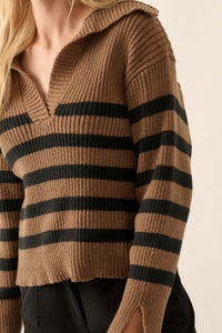 Breton Beach Striped Rib-Knit Collared Sweater - ShopPromesa