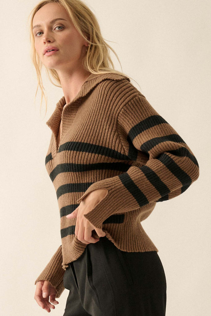 Breton Beach Striped Rib-Knit Collared Sweater - ShopPromesa