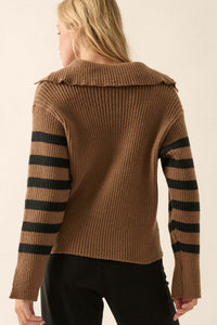 Breton Beach Striped Rib-Knit Collared Sweater - ShopPromesa