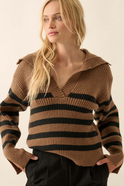 Breton Beach Striped Rib-Knit Collared Sweater - ShopPromesa
