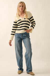 Breton Beach Striped Rib-Knit Collared Sweater - ShopPromesa