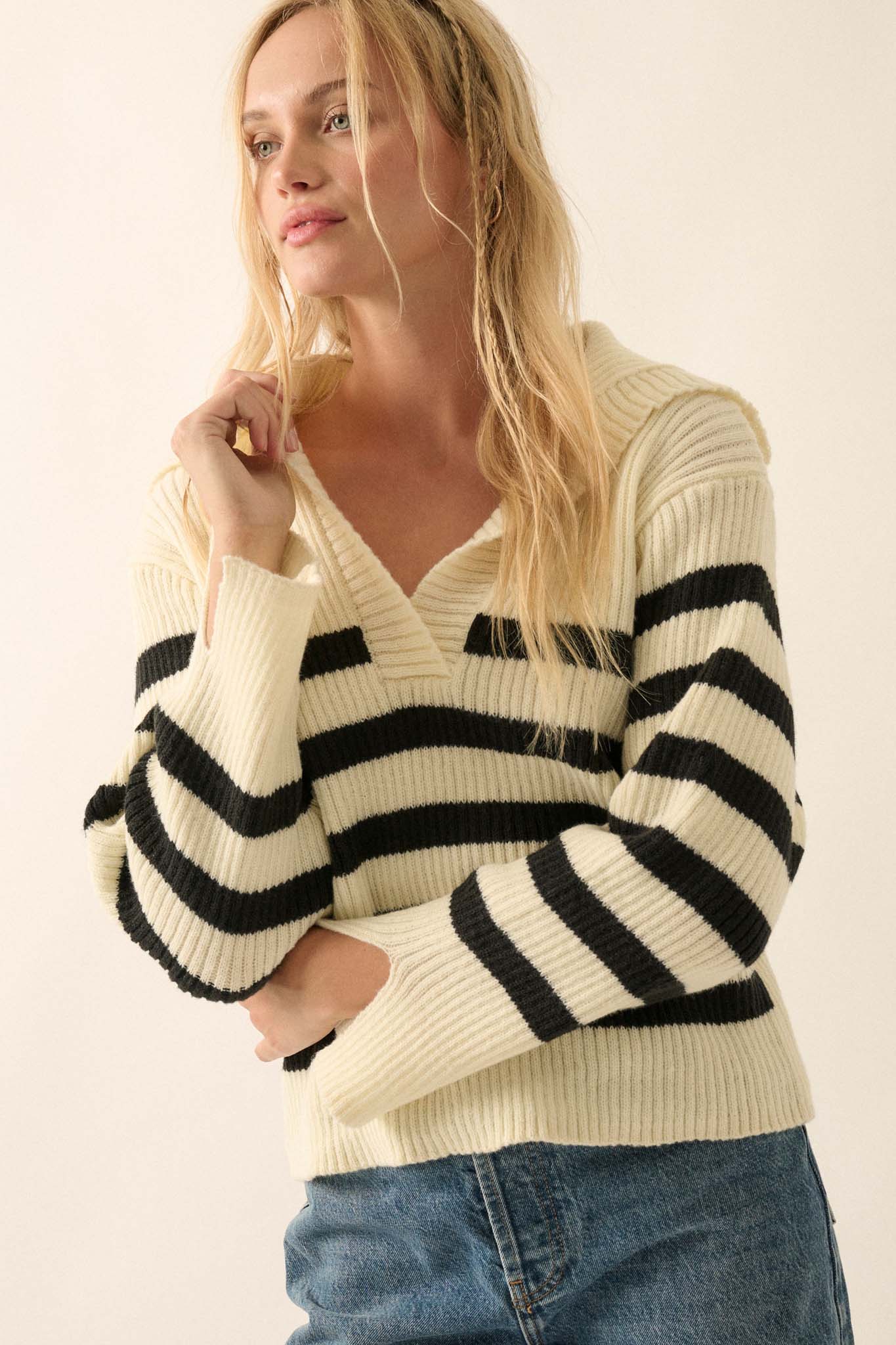 Breton Beach Striped Rib-Knit Collared Sweater - ShopPromesa