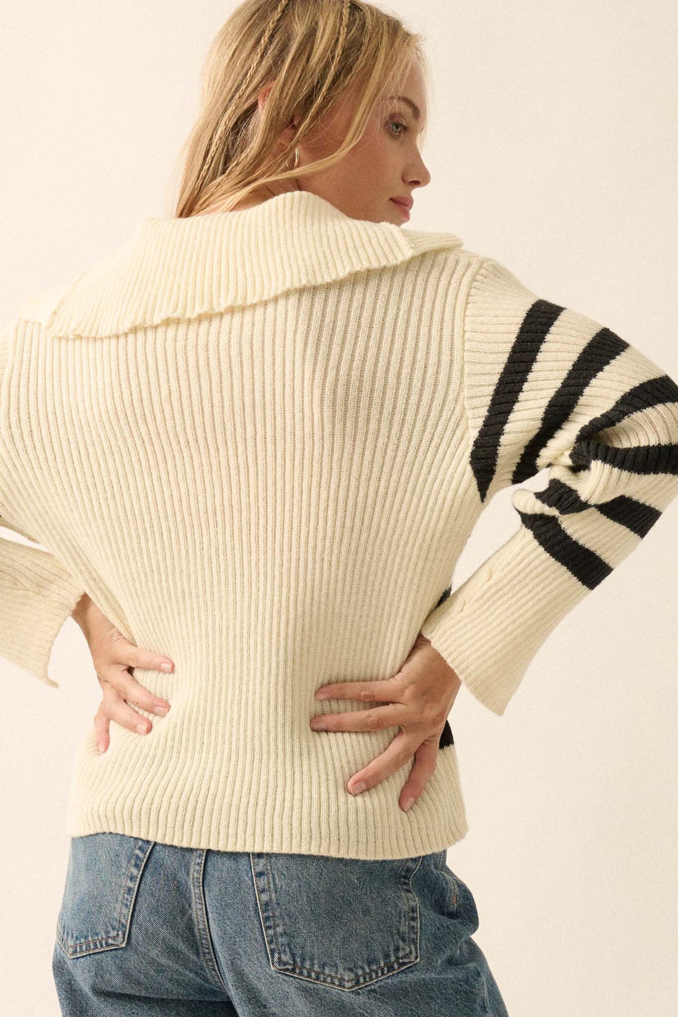 Breton Beach Striped Rib-Knit Collared Sweater - ShopPromesa