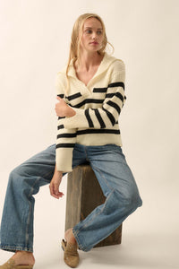 Breton Beach Striped Rib-Knit Collared Sweater - ShopPromesa