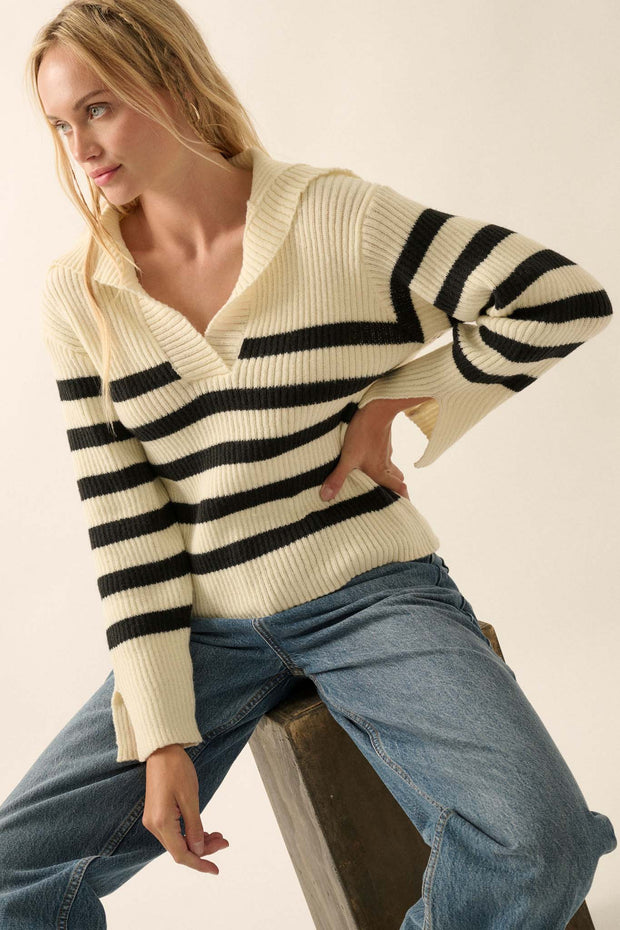 Breton Beach Striped Rib-Knit Collared Sweater - ShopPromesa