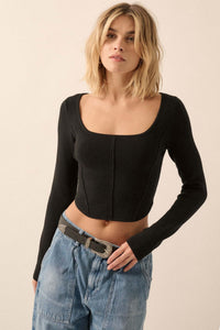 Shaper Fit Rib-Knit Cropped Long-Sleeve Corset Top - ShopPromesa