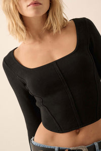 Shaper Fit Rib-Knit Cropped Long-Sleeve Corset Top - ShopPromesa