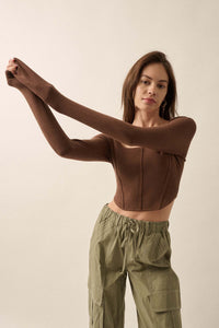 Shaper Fit Rib-Knit Cropped Long-Sleeve Corset Top - ShopPromesa