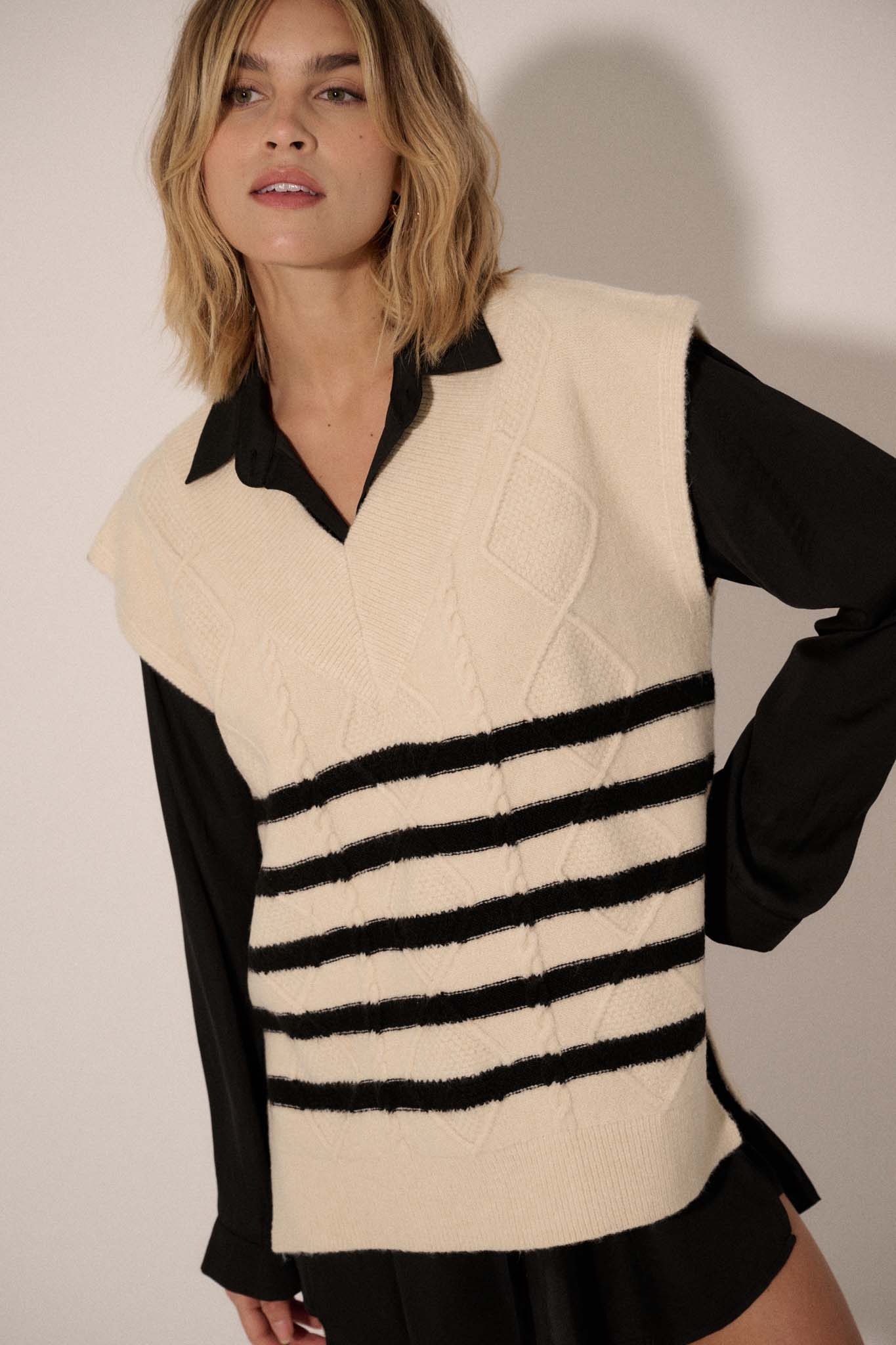 Word to the Wise Striped Cable Knit Sweater Vest - ShopPromesa