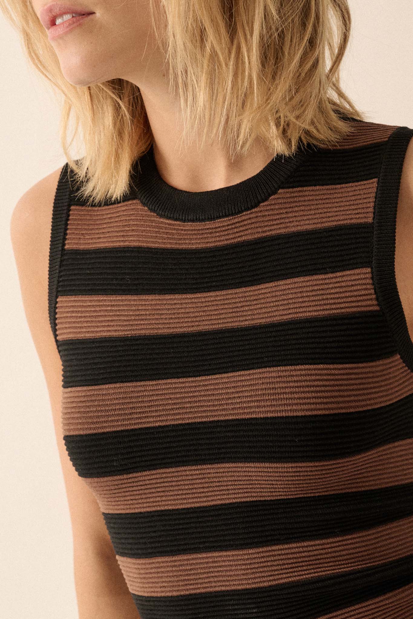 Shaper Fit Striped Rib-Knit Crewneck Tank Top - ShopPromesa