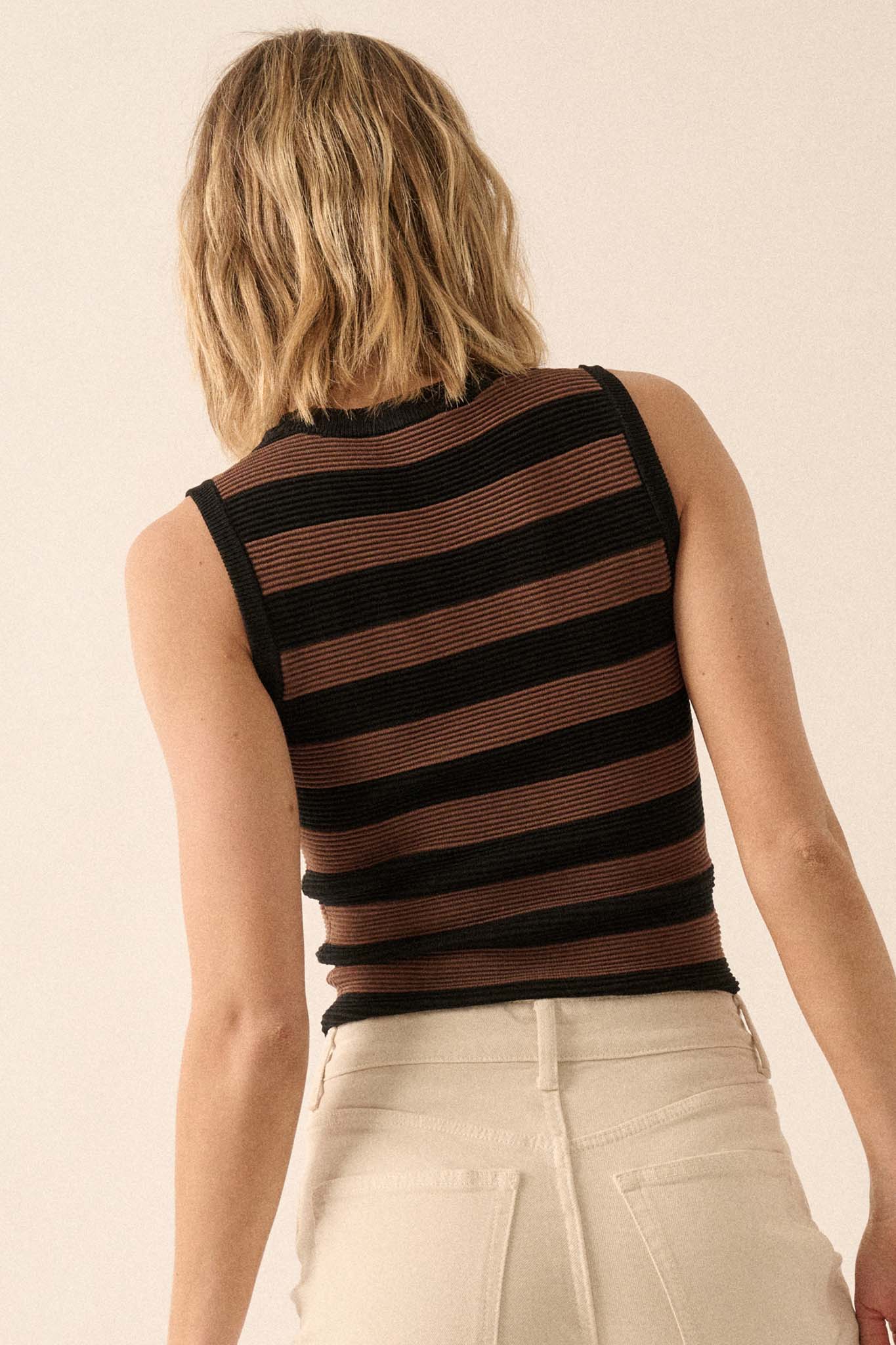 Shaper Fit Striped Rib-Knit Crewneck Tank Top - ShopPromesa