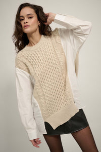 Double Take Mixed Media Cable Knit Sweater - ShopPromesa