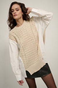 Double Take Mixed Media Cable Knit Sweater - ShopPromesa